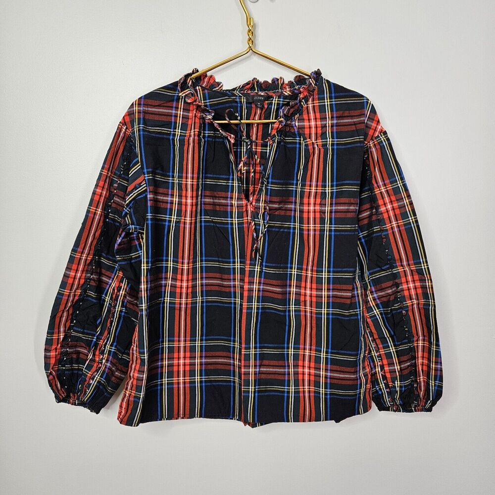 J. Crew Women’s Medium Scalloped Tie Neck Top In Stewart Tartan Plaid